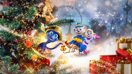 Ed und Edda mit Snorri vor einer weihnachtlichen Kulisse des Europa-Park
