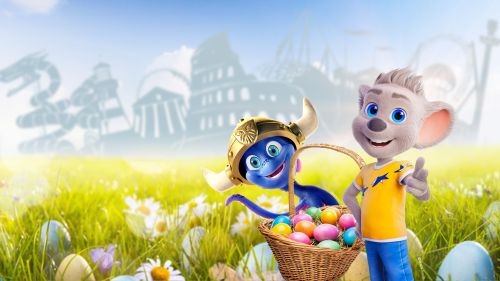 Grafik mit Europa-Park Resort Silhouette im Hintergrund und Ed und Snorri mit einem Ostereierkorb im Vordergrund