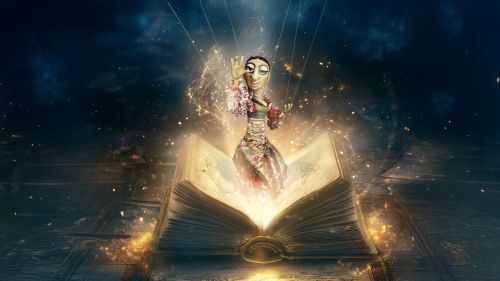 Marionette die aus einem Buch empor steigt