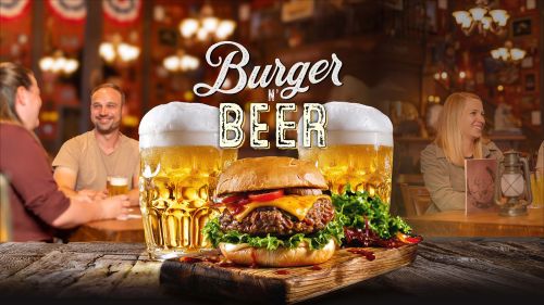 Ein Burger und 2 gefüllte Bierkrüge, darüber ein Schriftzug mit "Burger 'N' Beer".