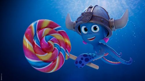"SNORRI 4D - Catch Me If You Candy" – der neue 4D-Kurzfilm im Magic Cinema 4D im Europa-Park. Snorri schwimmt im Meer und hält einen riesigen Lolli in seinen Tentakeln.