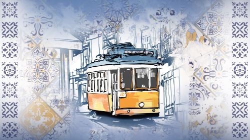 Artwork einer klassisch portugiesischen Straßenbahn in gelb, darum portugiesische Fließen. Keyvisual des Portugiesischen Abends im Europa-Park – das perfekte Firmenevent.