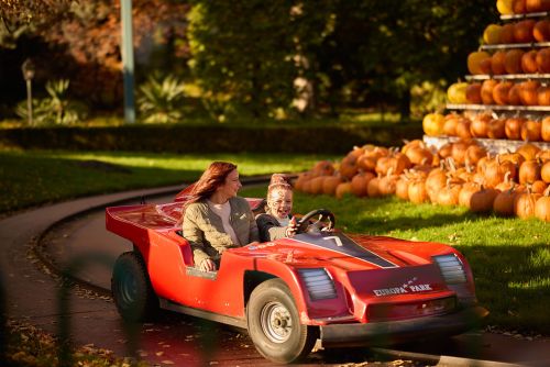 A mother and child are riding in a go-kart on the Silverstone track at Europa-Park, surrounded by autumnal pumpkin decorations.
