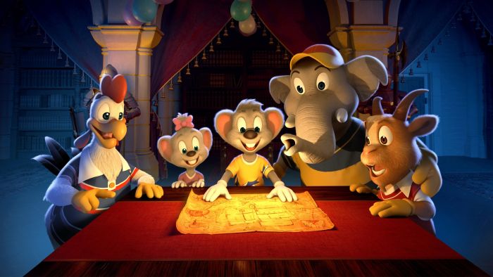 Ed Euromaus und seine Freunde schauen auf eine Schatzkarte im Schloss Balthasar.