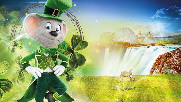 Das damalige Kampagnenmotiv mit Ed Euromaus in irischer Tracht und einem idyllischen Hintergrund mit einem Wasserfall.