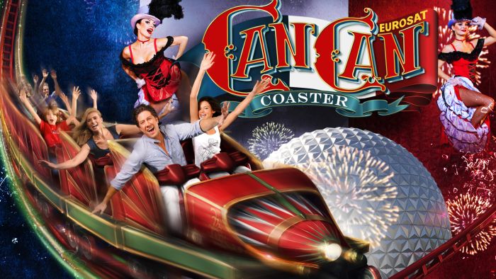 Das damalige Kampagnenmotiv des Eurosat - CanCan Coaster mit der Eurosat-Kugel im Hintergrund und einem Zug, der vorbeifliegt.