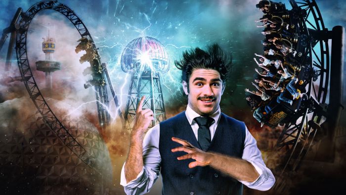 Nikola Tesla mit der neuen Attraktion Voltron Nevera powered by Rimac im Hintergrund.