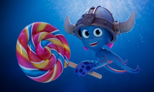 "SNORRI 4D - Catch Me If You Candy" – der neue 4D-Kurzfilm im Magic Cinema 4D im Europa-Park. Snorri schwimmt im Meer und hält einen riesigen Lolli in seinen Tentakeln.