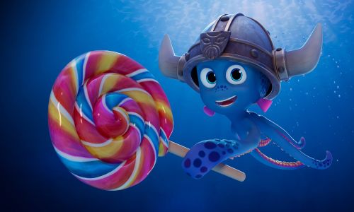 "SNORRI 4D - Catch Me If You Candy" – der neue 4D-Kurzfilm im Magic Cinema 4D im Europa-Park. Snorri schwimmt im Meer und hält einen riesigen Lolli in seinen Tentakeln.